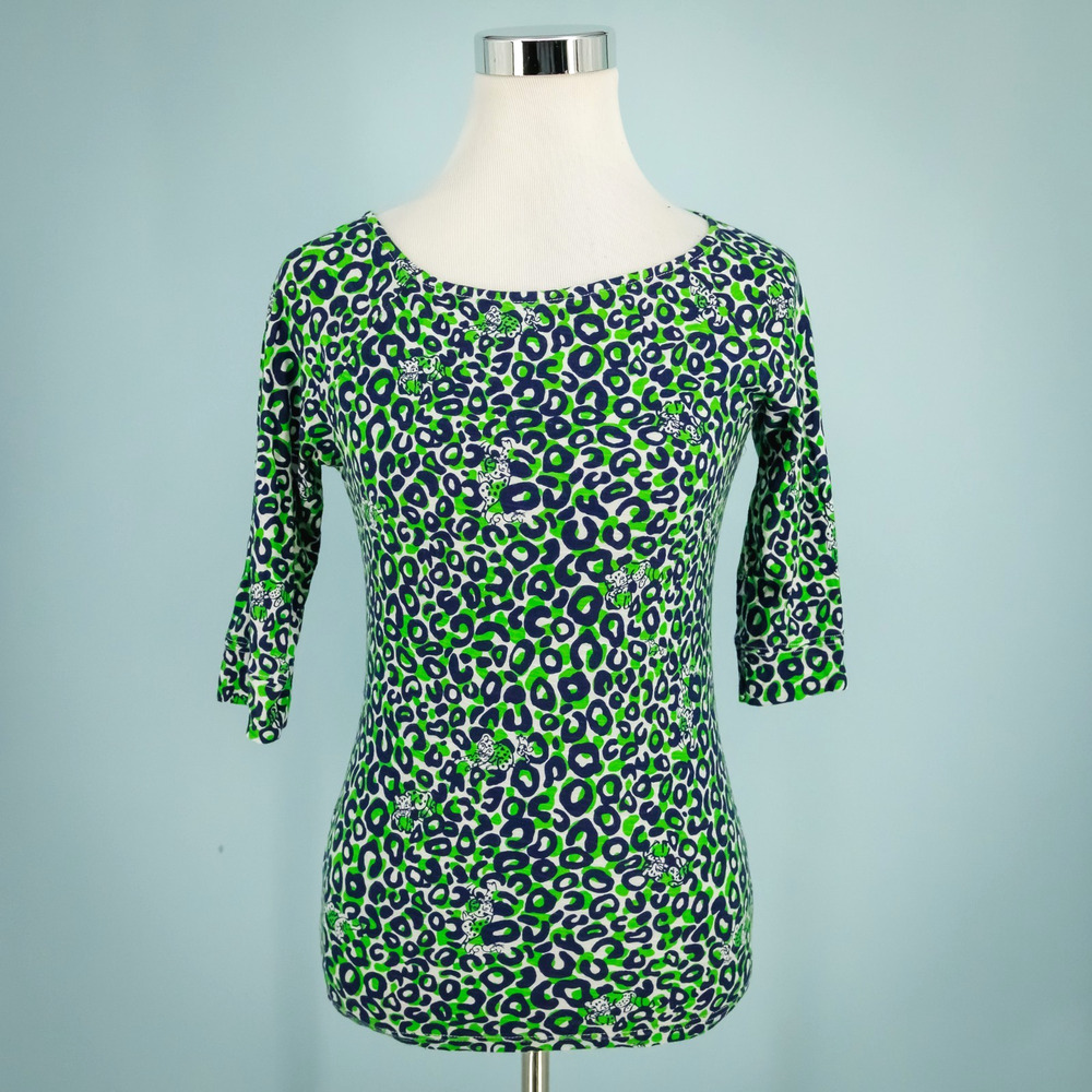 Lilly Pulitzer Size Small S Green Blue Leopard Thrill Chase Short Sleeve Top